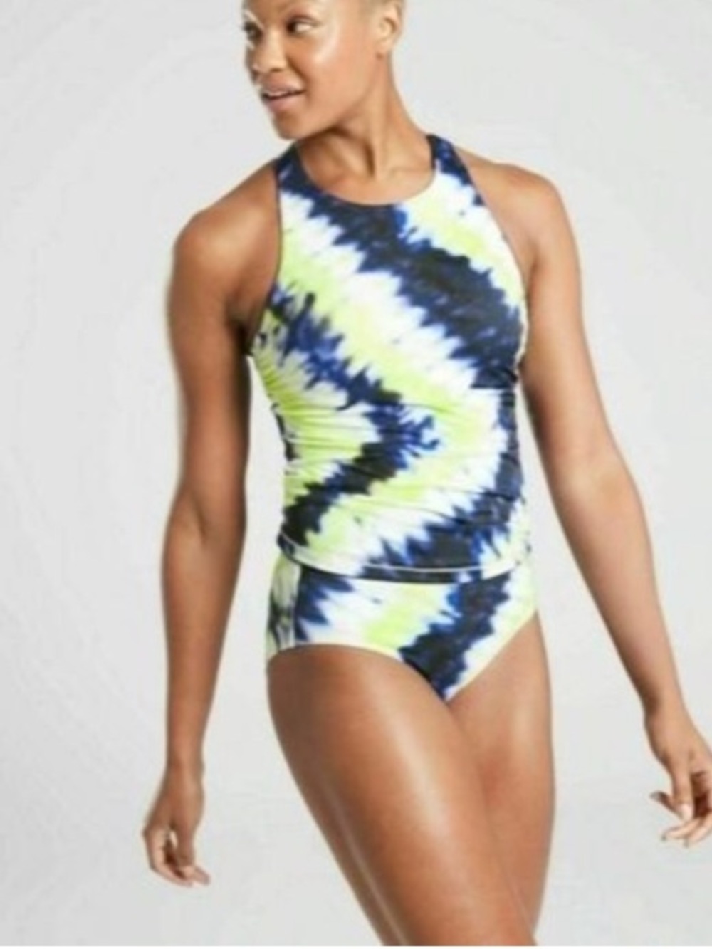 Athleta Neon Yellow & Navy Tie-Dye High-Neck Two-Piece Swim Set